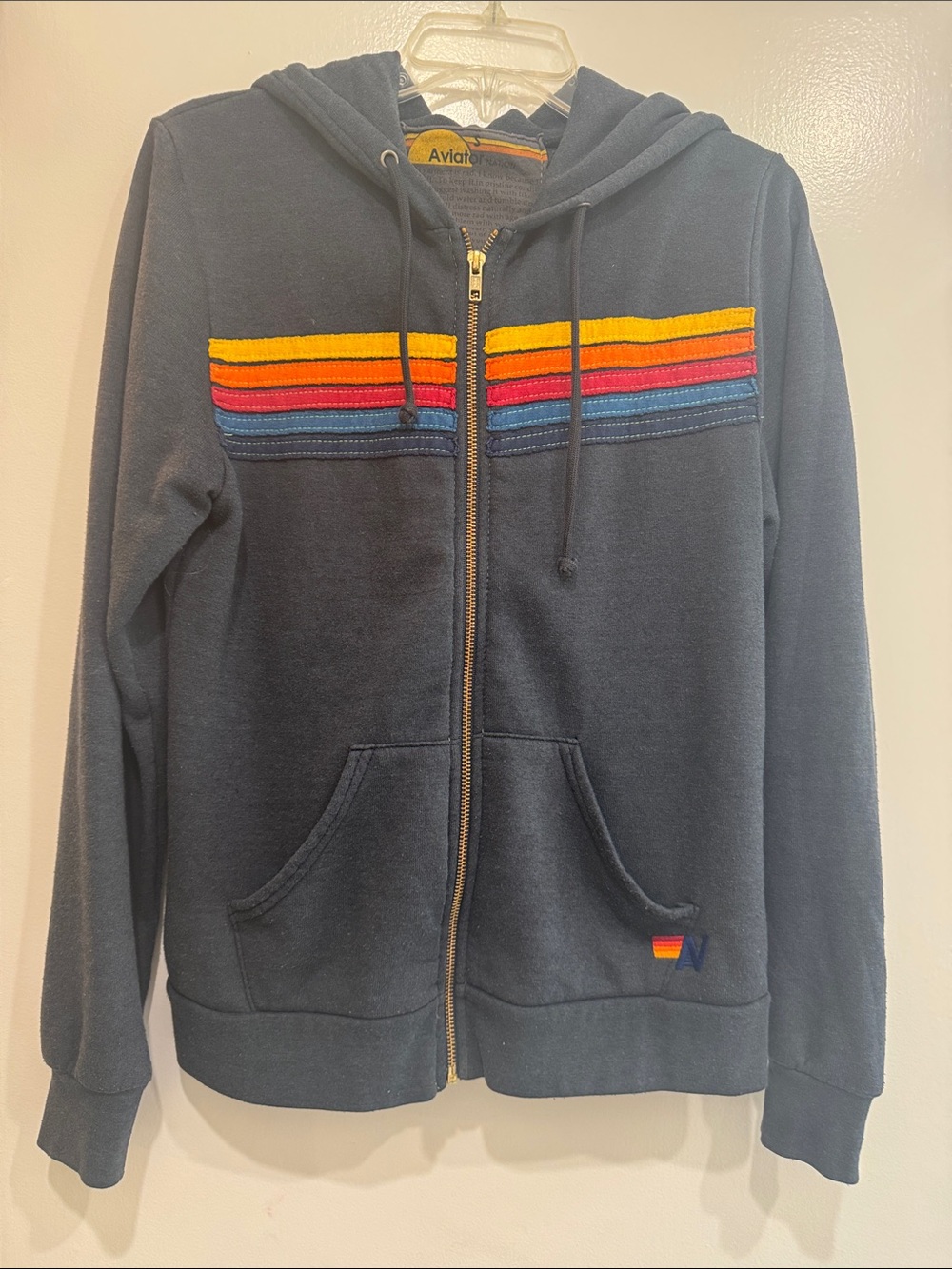 Aviator Nation Navy Rainbow Stripe Zip Up Hoodie Size Small - Picture 2 of 6